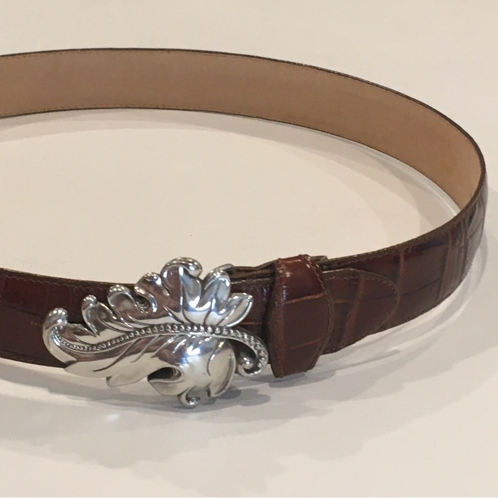 Brighton | Brown Textured Leather Belt & Silver Leaf Buckle